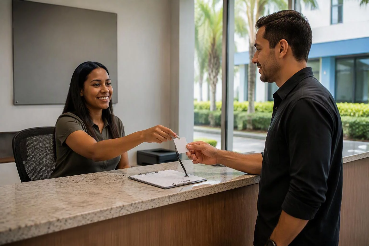 Janela alta do escritório com a recepção de visitantes ao fundo