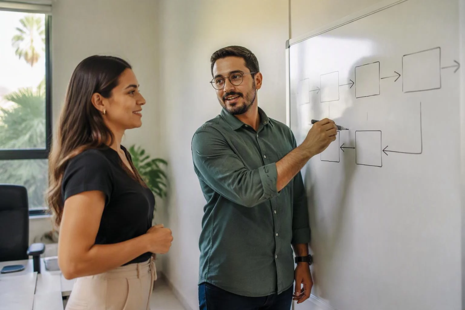 Duas pessoas diante de um quadro com o fluxo de prestadores da empresa