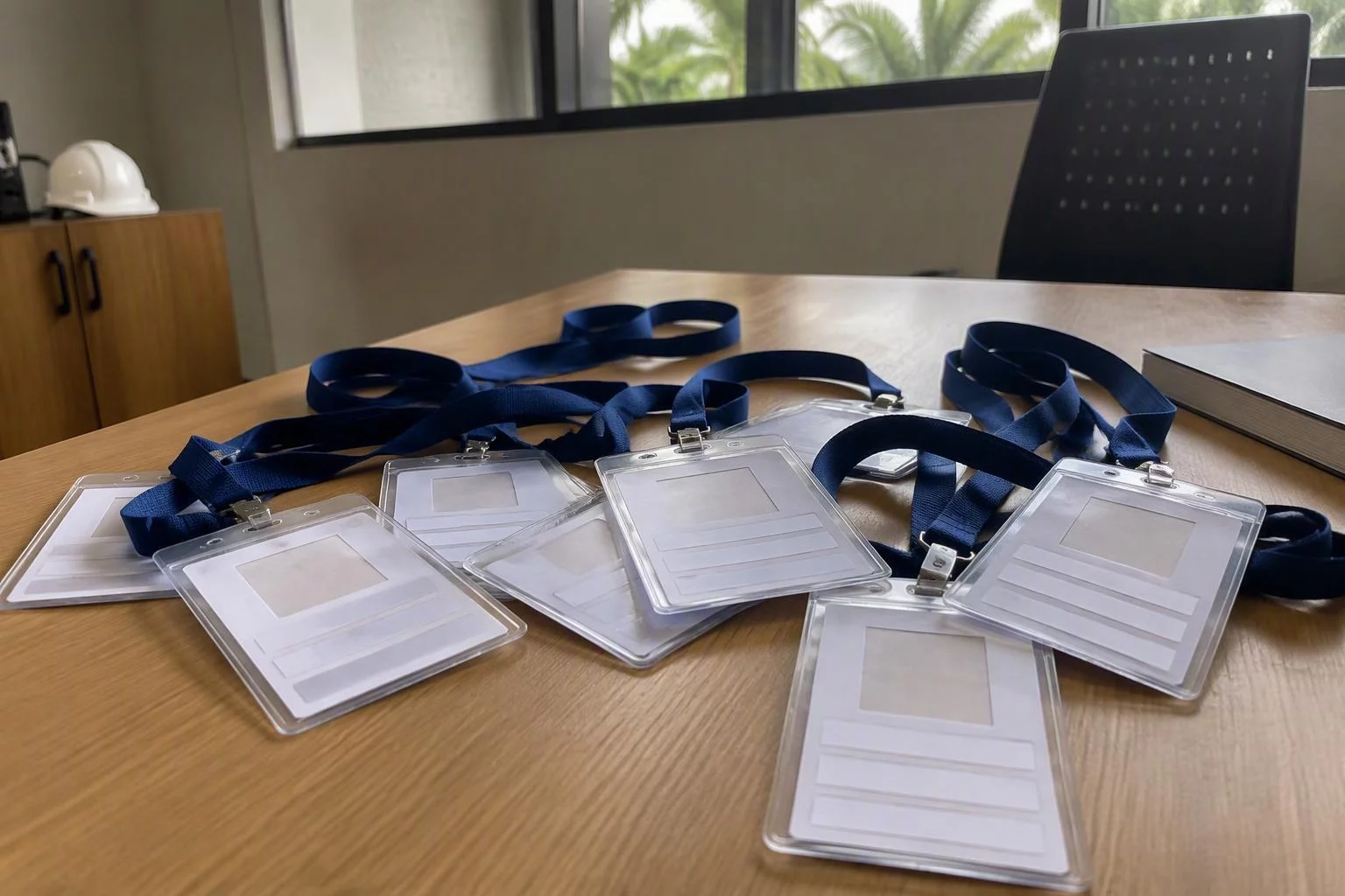 Cartões de identificação de prestadores espalhados sobre a mesa
